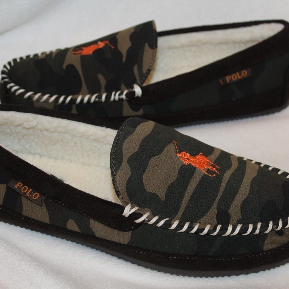NIB POLO RALPH LAUREN MEN'S CAMOUFLAGE GREEN ORANGE SLIPPERS‎